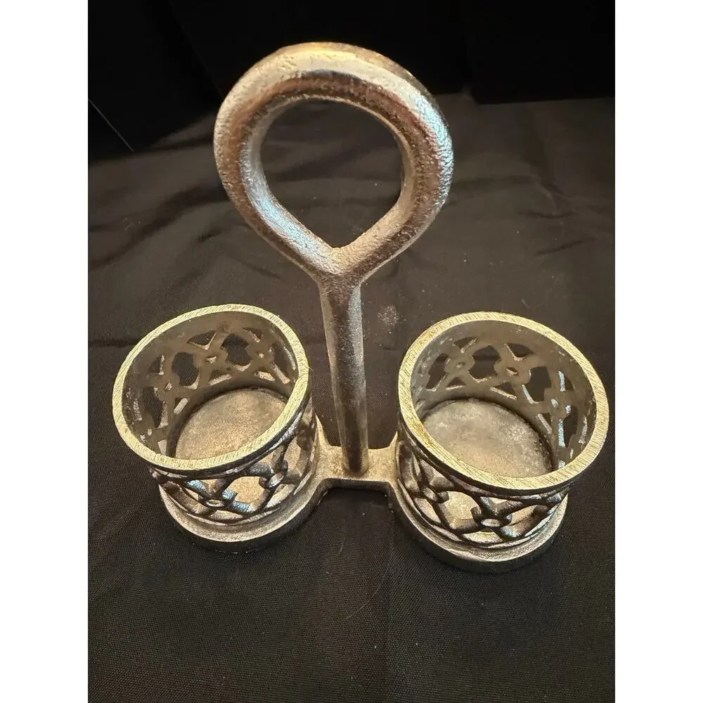 Vintage Pewter cutwork glass and pewter salt and pepper caddy openwork design